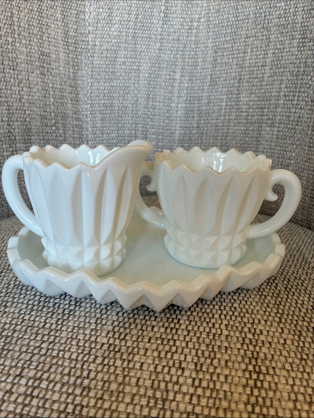Indiana Milk Glass Creamer & Sugar Set with Tray in Lotus Blossom / Tulip #1007